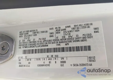 2020 Ford Escape Se из США, поврежденный, VIN 1FMCU9G67LUC28084